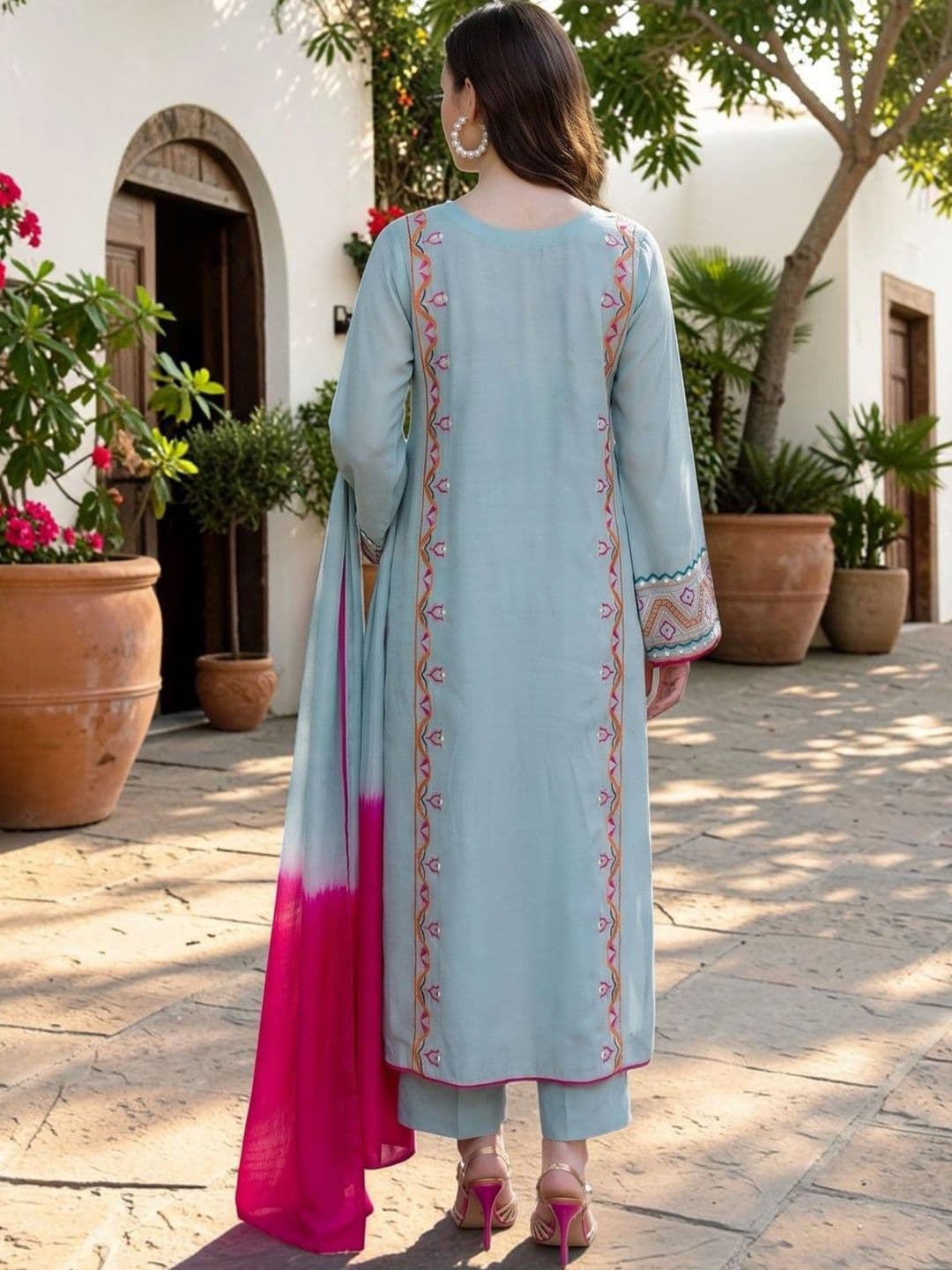 TASRIKA Ethnic Motifs Embroidered Thread Work Silk Crepe Kurta with Trousers & Dupatta thumbnail 3