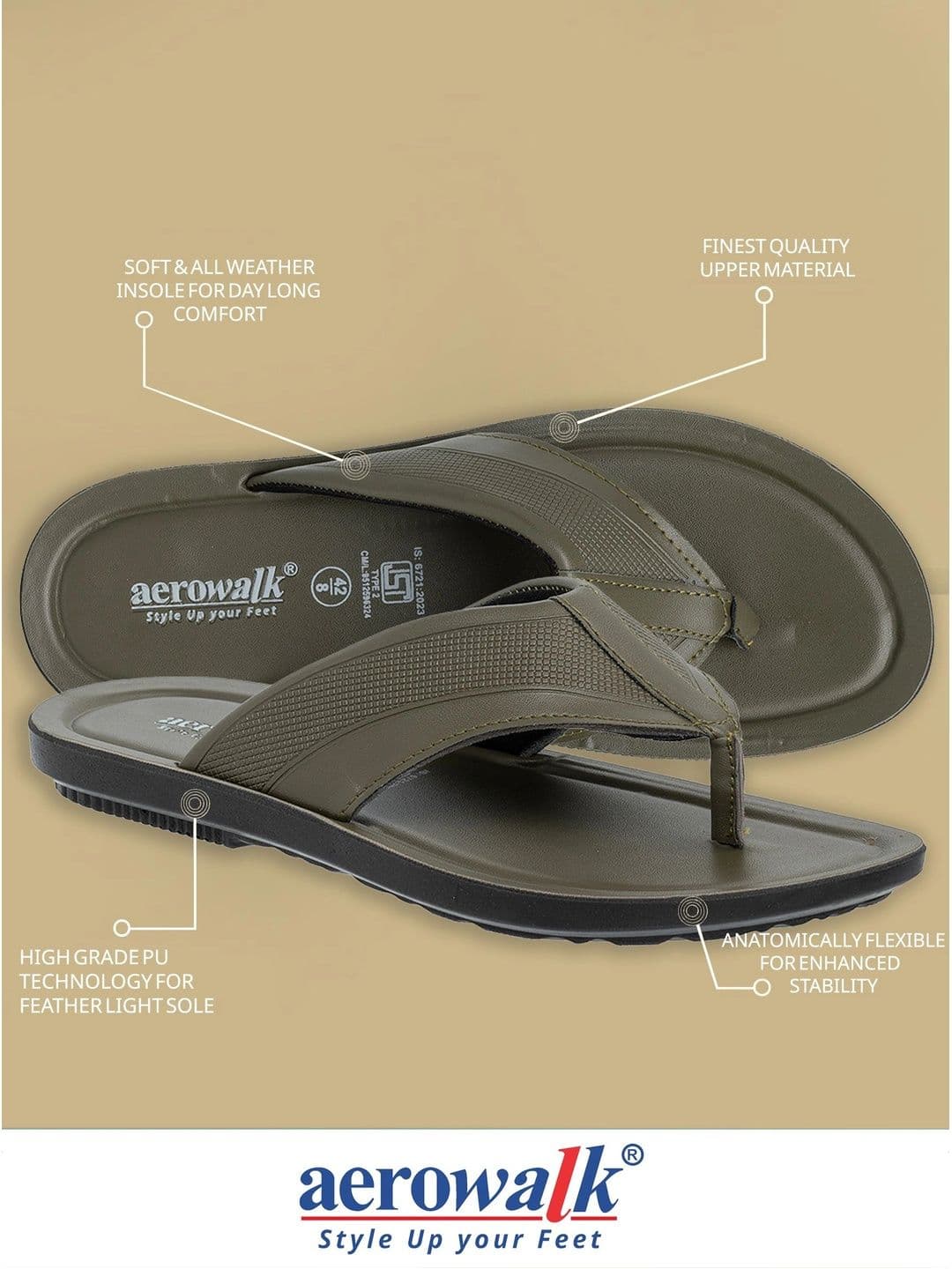 Aerowalk Men PU Thong Flip-Flops - Olive Green thumbnail 6
