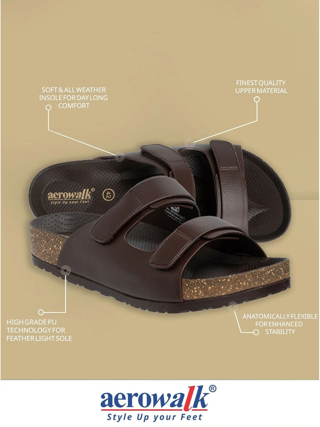 Aerowalk Men Brown Double-Strap Comfort Slide Sandals thumbnail 5