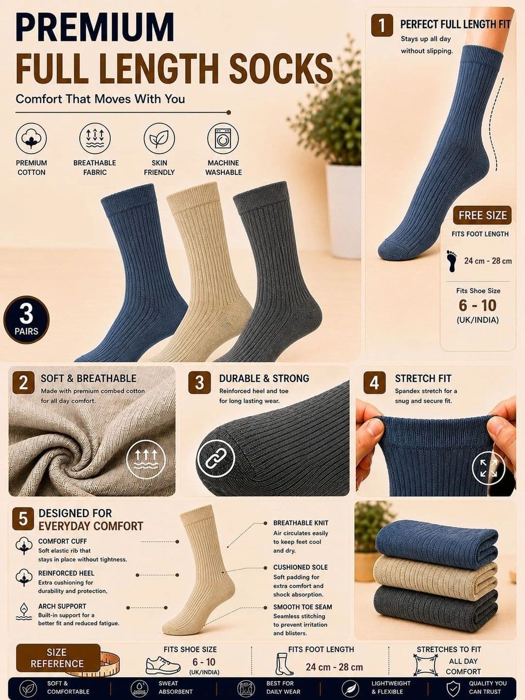 ADDOSSO Men Pack of 3 Cotton Assorted Calf Length Socks thumbnail 5