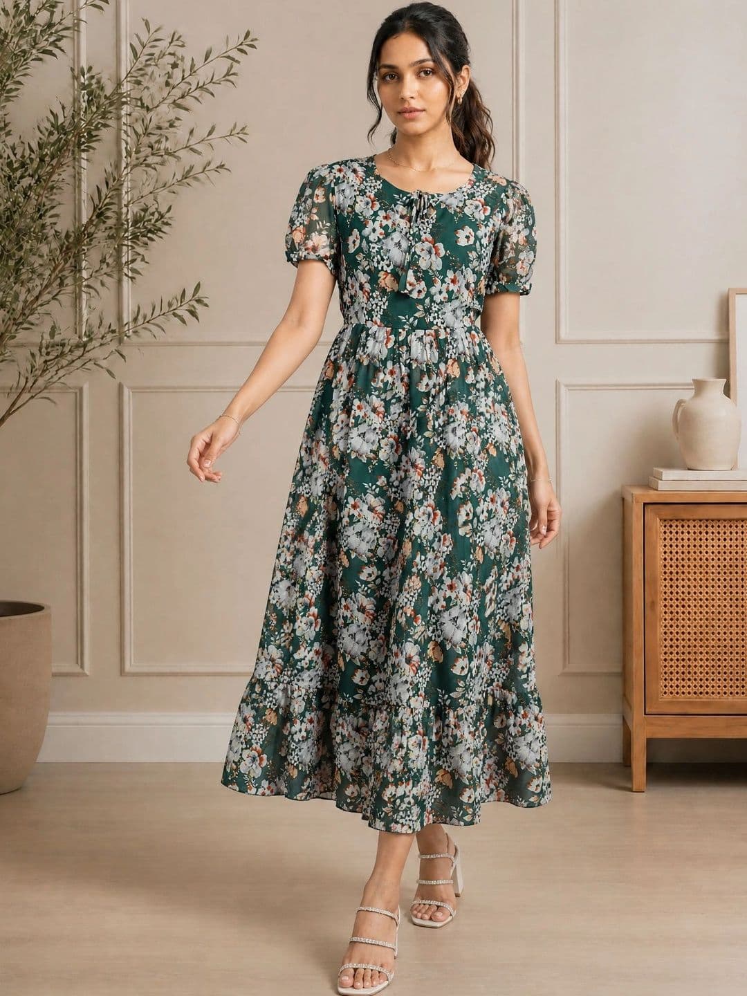 QENA Floral Print Puff Sleeve Georgette A-Line Maxi Dress - view 1