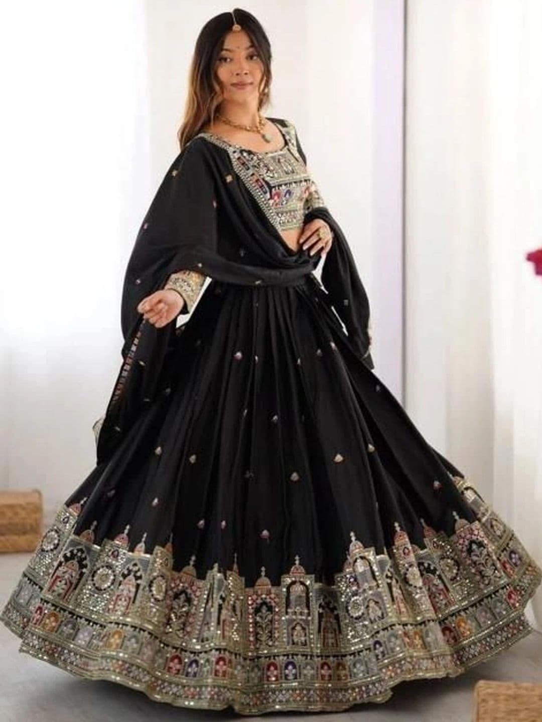 Vishu Saree Embroidered Mirror Work Ready to Wear Lehenga & Blouse With Dupatta thumbnail 4