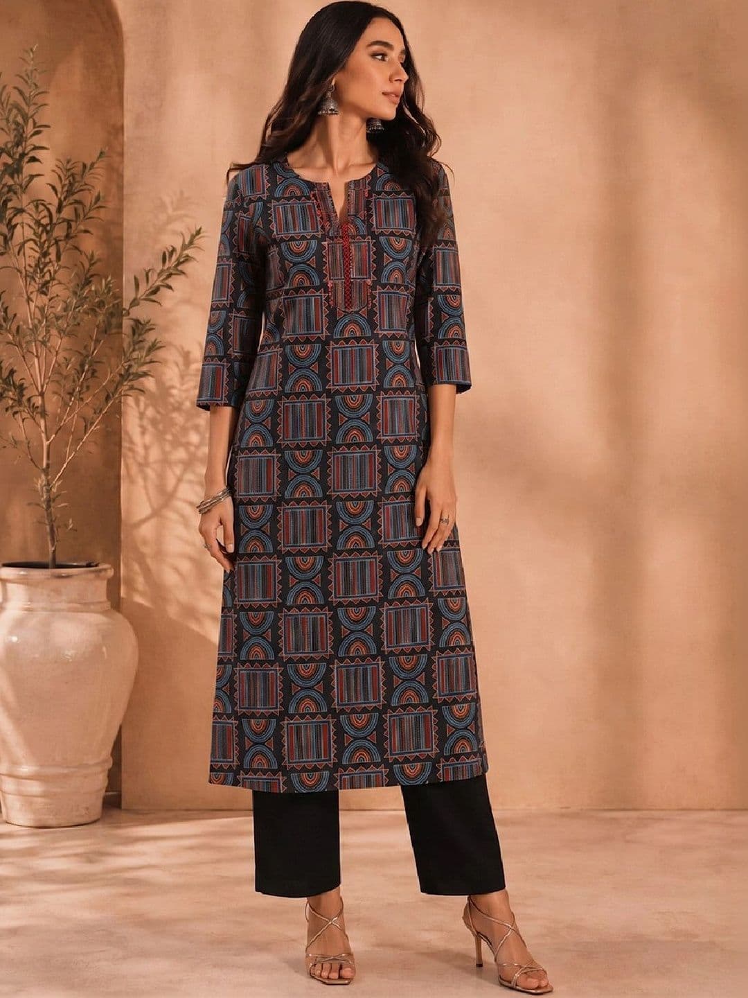 KALAMIR Women Ethnic Motifs Printed Thread Work Indie Prints Kurta - view 1