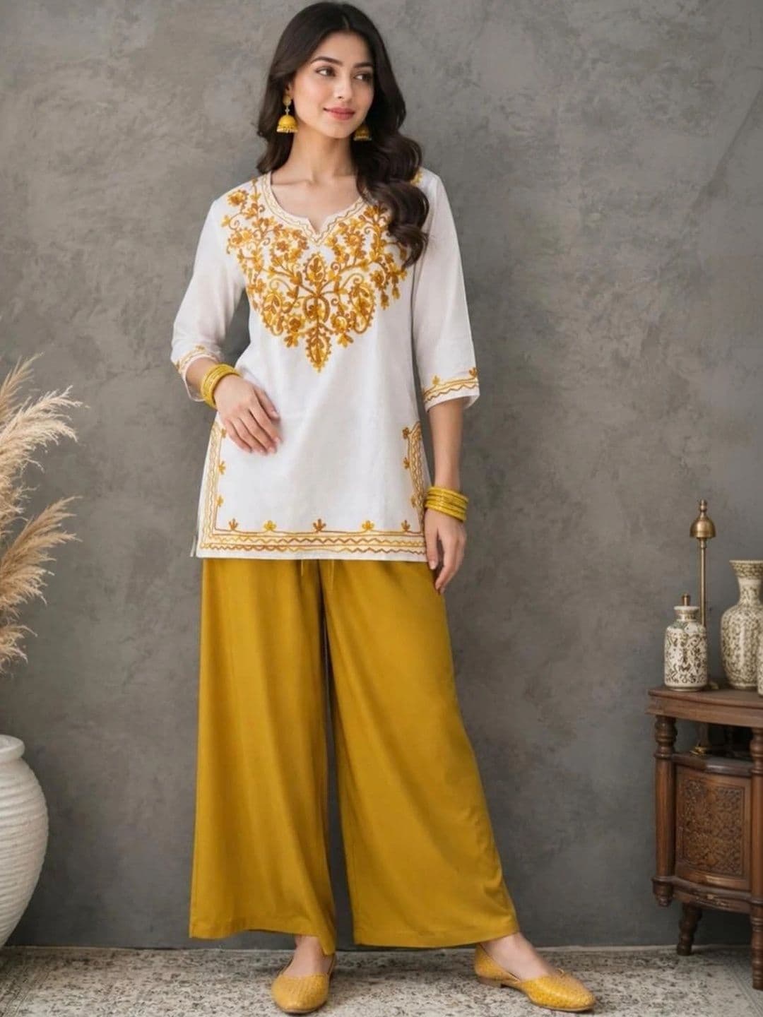 ILMA CREATION Ethnic Motifs Embroidered Regular Thread Work Kurti with Palazzos - view 1