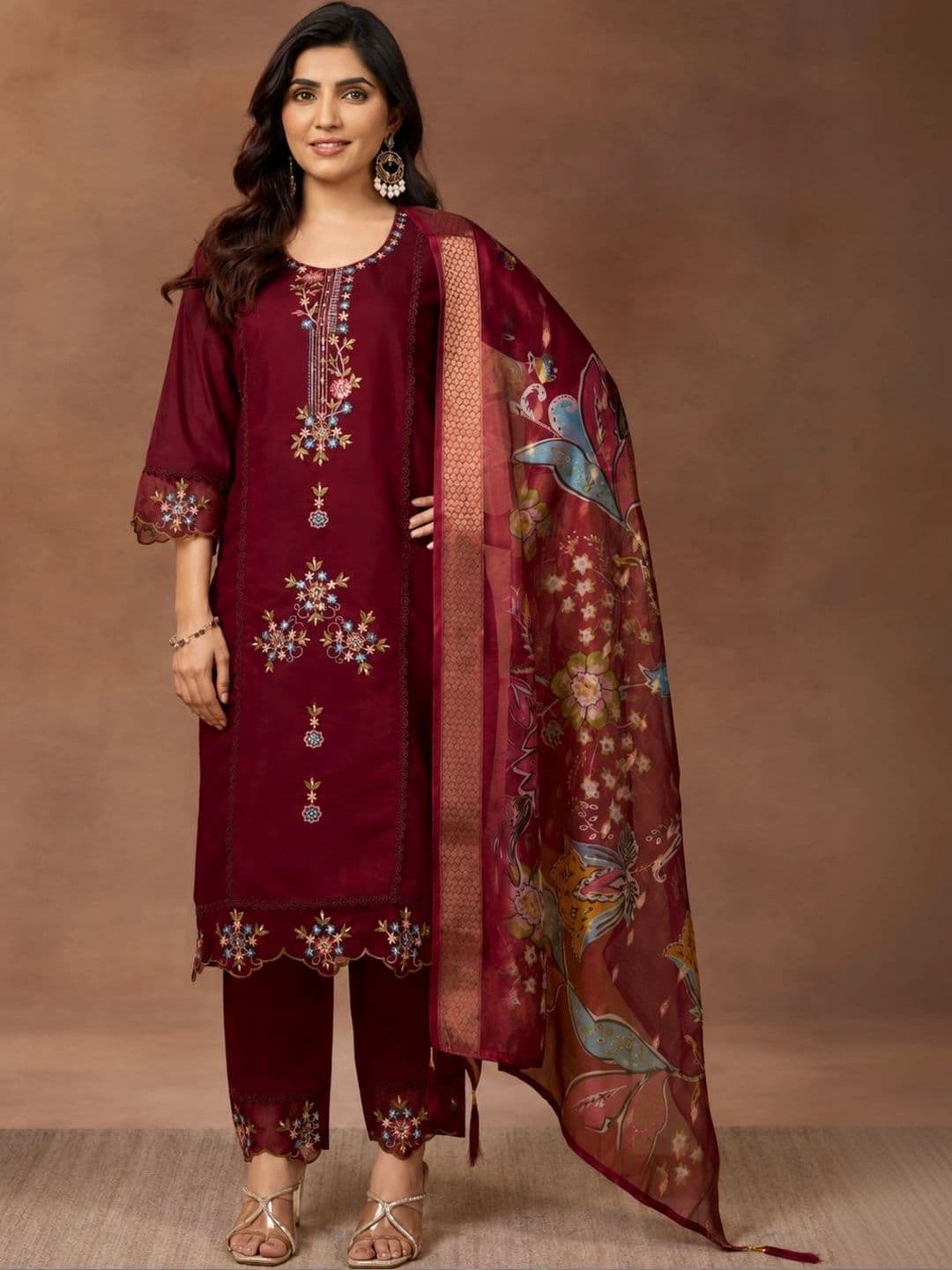PAUSE Women Ethnic Motifs Embroidered Pure Silk Straight Kurta with Trousers & Dupatta - view 1