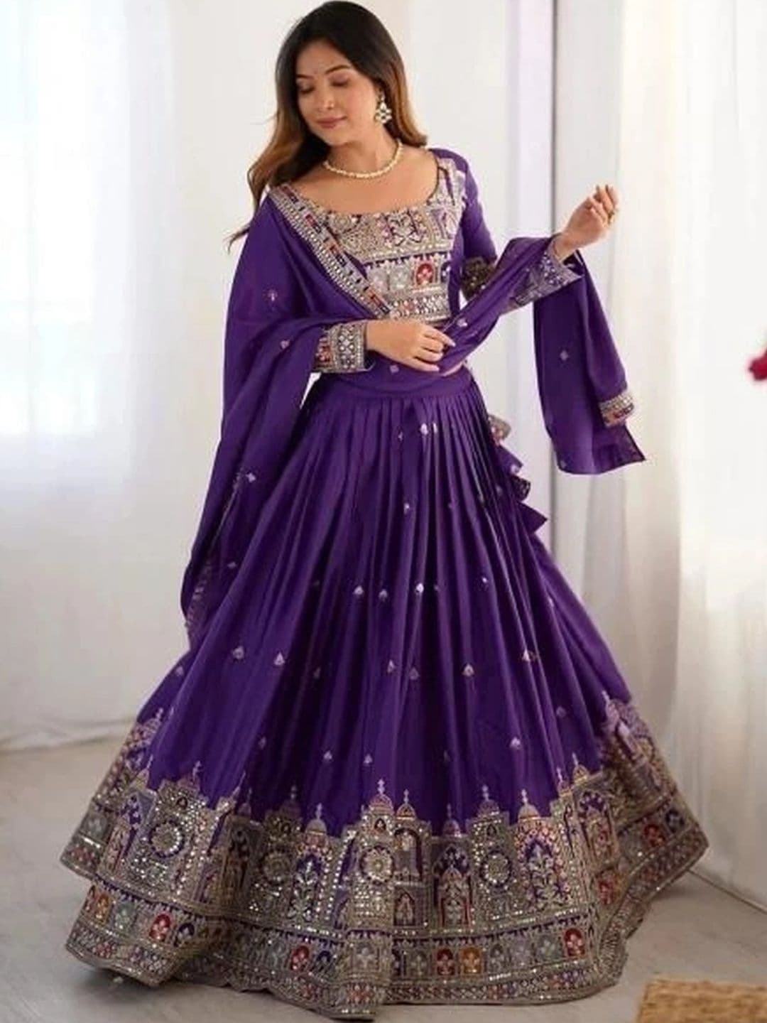 Vishu Saree Embellished Mirror Work Ready to Wear Lehenga & Blouse With Dupatta - view 1
