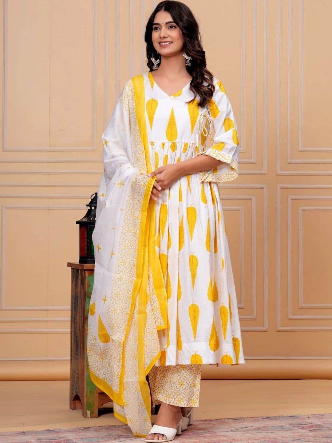 MEERA FAB Women Ethnic Motifs Printed Angrakha Pure Cotton Kurta with Trousers & With Dupatta thumbnail 5