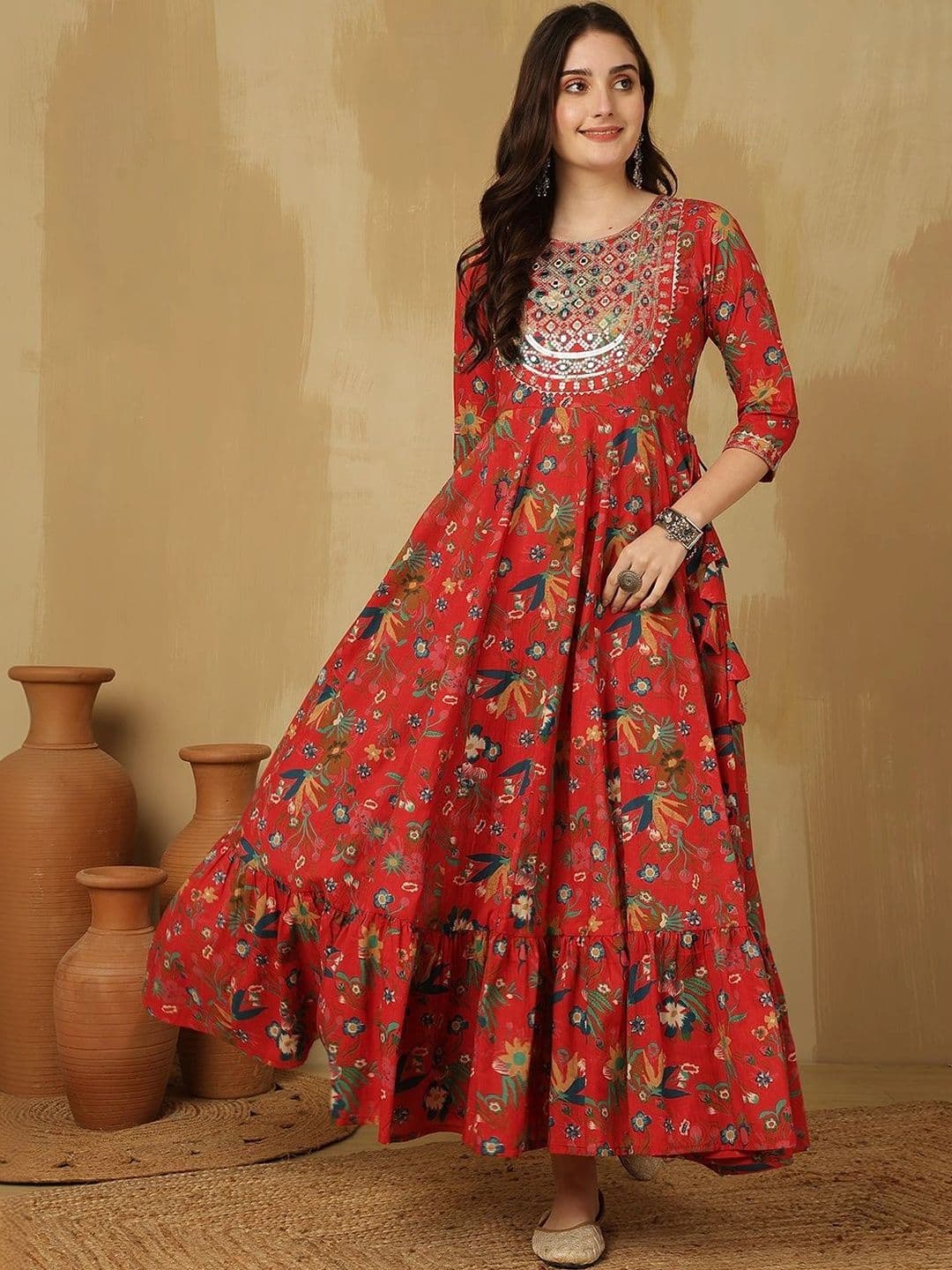 Sangria Women Floral Printed Mirror Work Floral Anarkali Kurta thumbnail 4