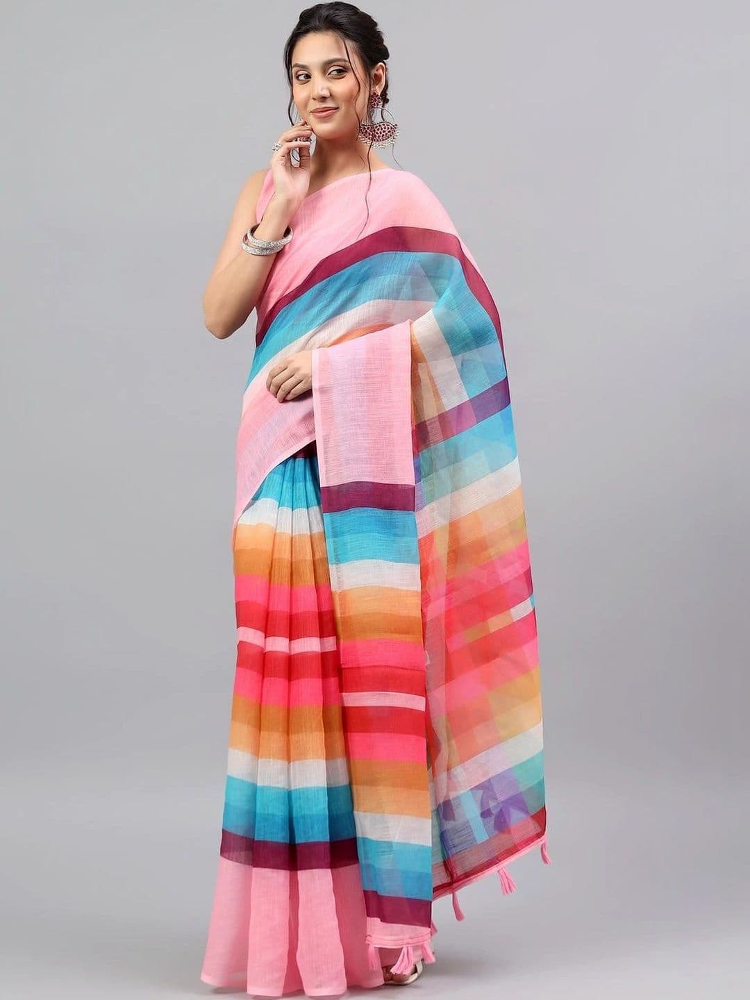 Pixie lane Striped Zari Linen Blend Saree thumbnail 3