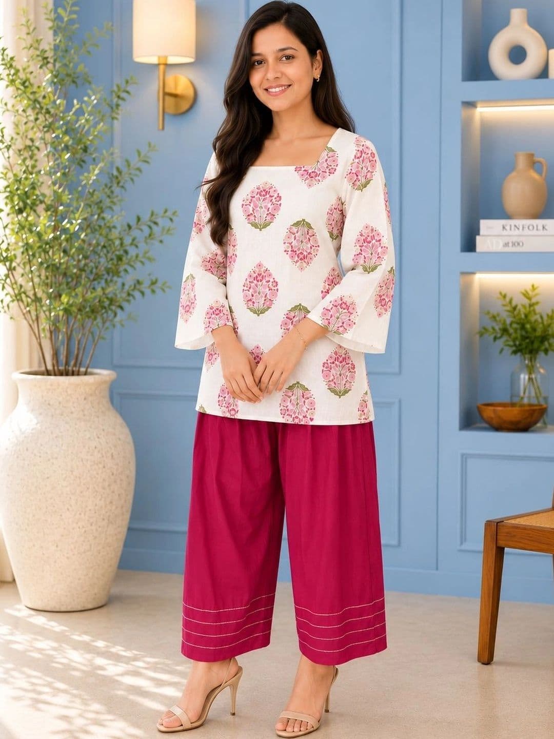 HERE&NOW Women Floral Printed Regular Pure Cotton Kurta with Patiala thumbnail 2