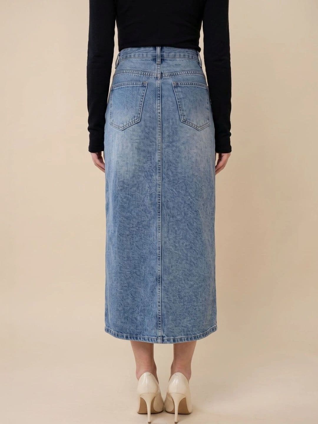 MAKPAK Women Denim Washed Front Slit Midi Straight Skirt thumbnail 6