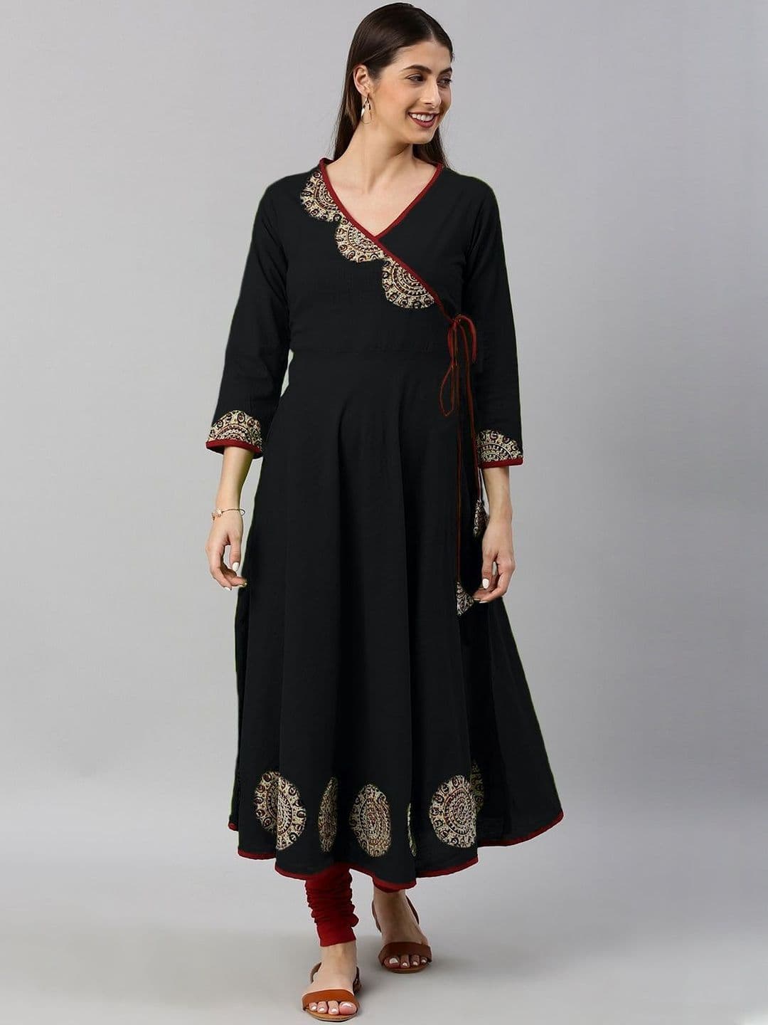 KALINI Women Solid Cotton Patchwork V-Neck Angrakha Anarkali Kurtas - view 1