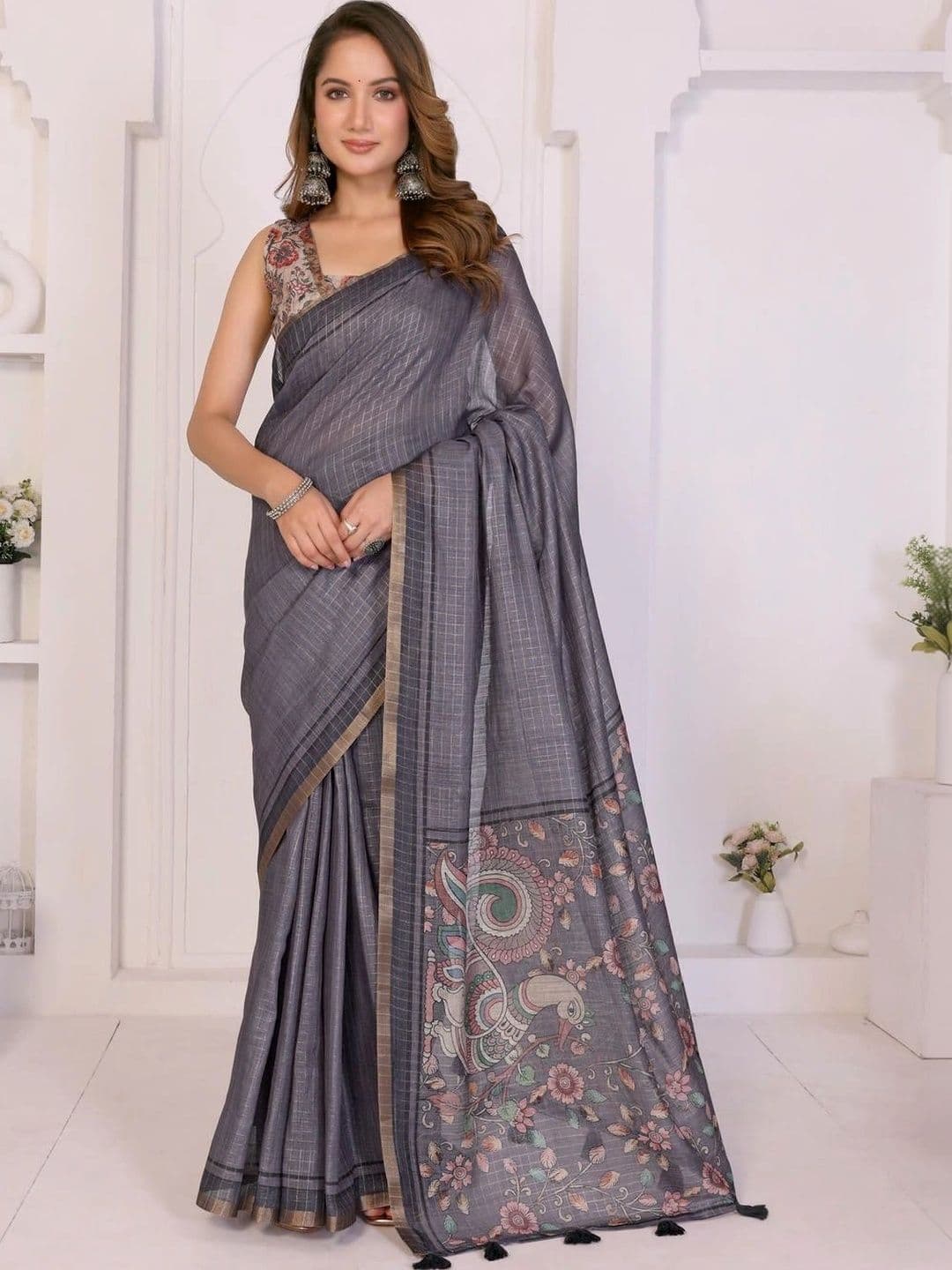 Pixie lane Checked Printed Zari Saree - view 1