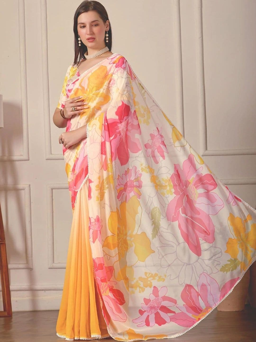 Pixie lane Floral Gotta Patti Pure Georgette Saree thumbnail 3