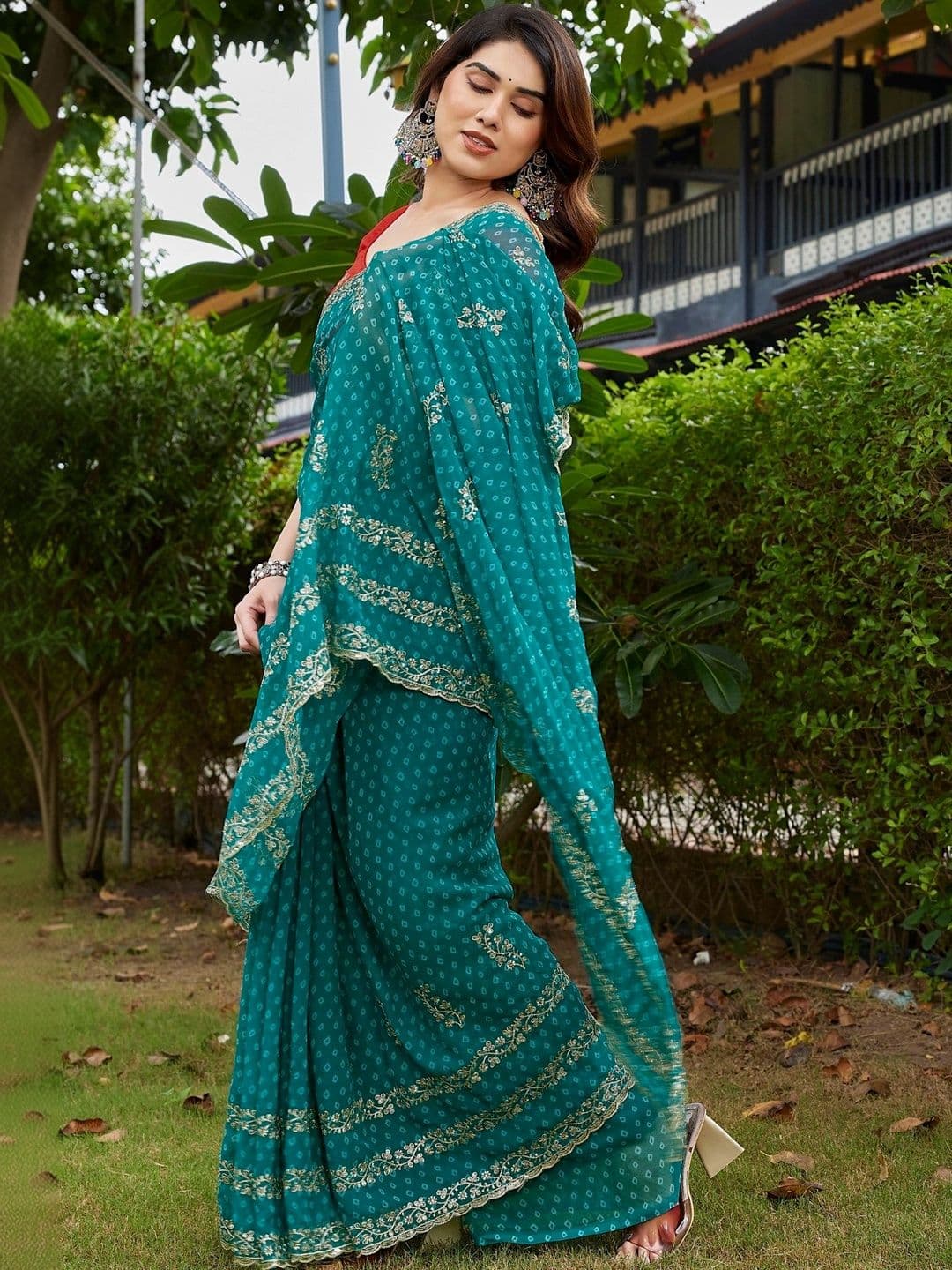 Mitera Bandhani Embroidered Pure Georgette Designer Saree thumbnail 3
