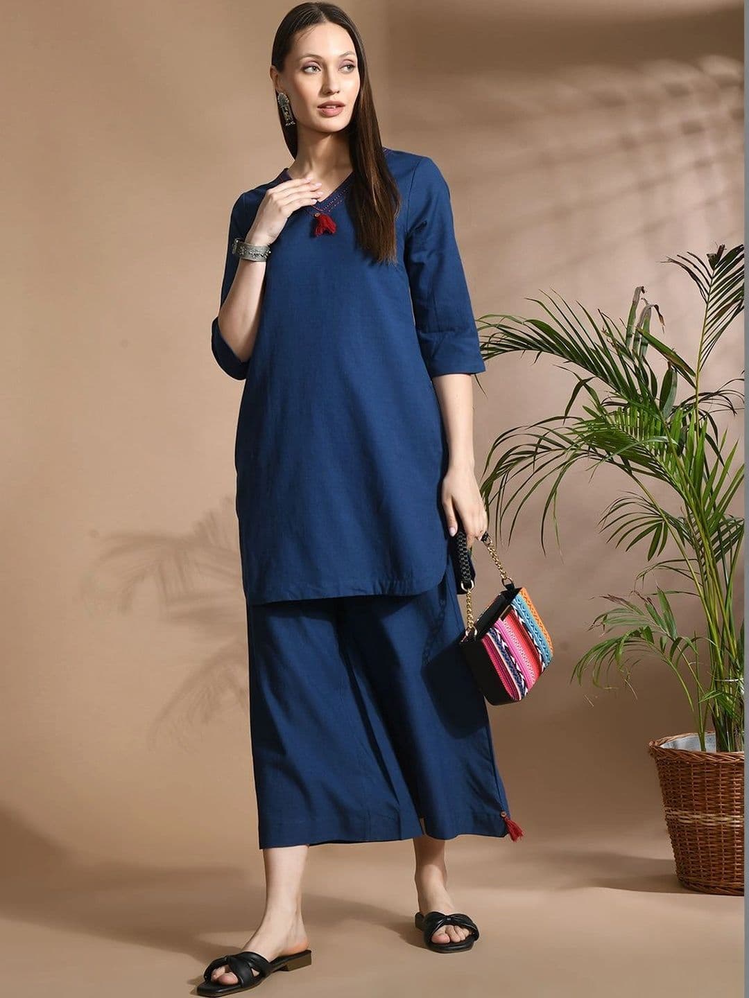 NAVYAAZRI Women Regular Thread Work Pure Cotton Kurta with Palazzos thumbnail 2