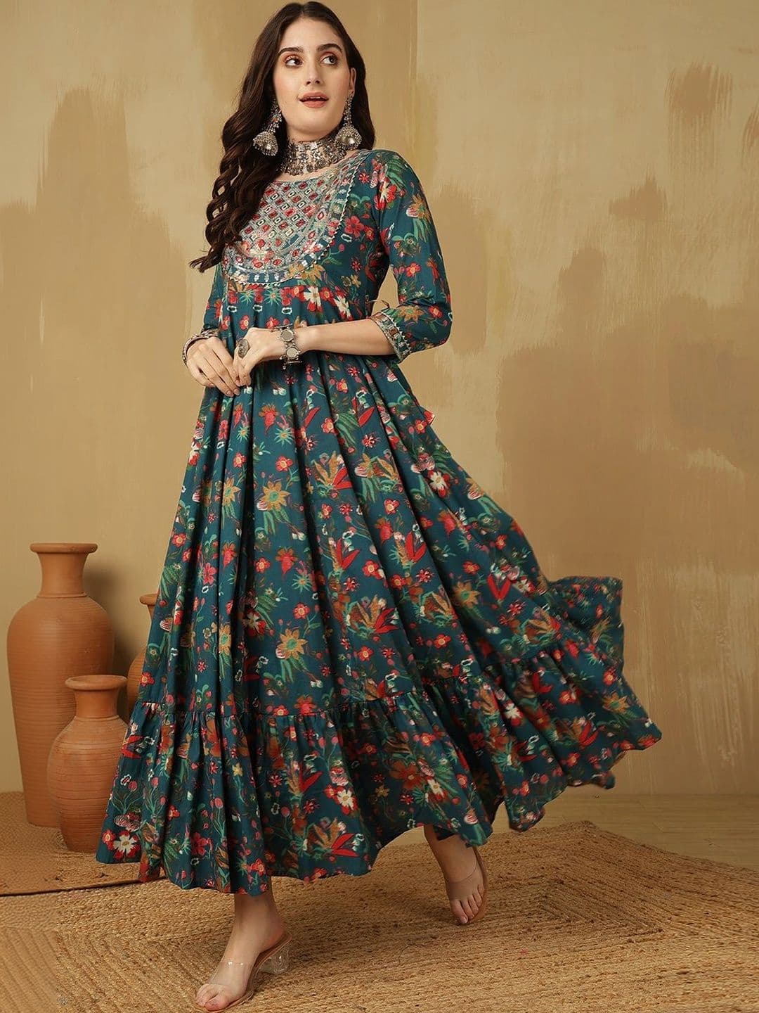 Sangria Women Floral Printed Mirror Work Floral Anarkali Kurta thumbnail 4