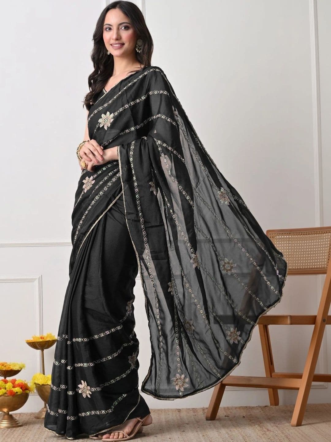 KALINI Embellished Embroidered Poly Georgette Saree thumbnail 2