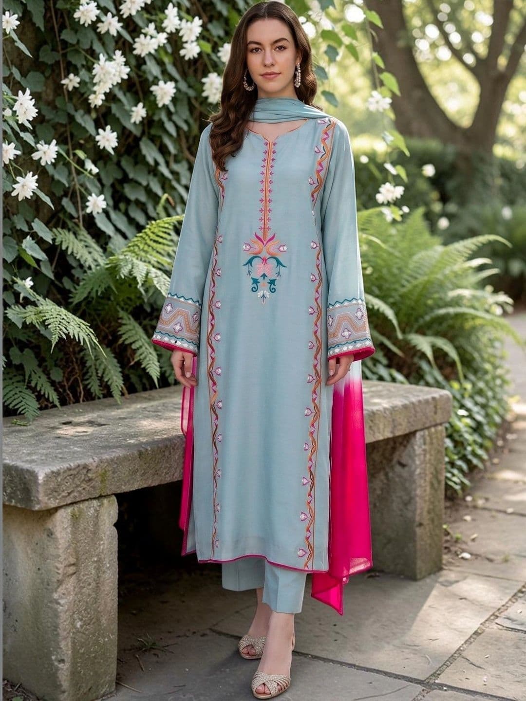 ASPORA Women Embroidered Thread Work Silk Crepe Kurta with Trousers & Dupatta thumbnail 4