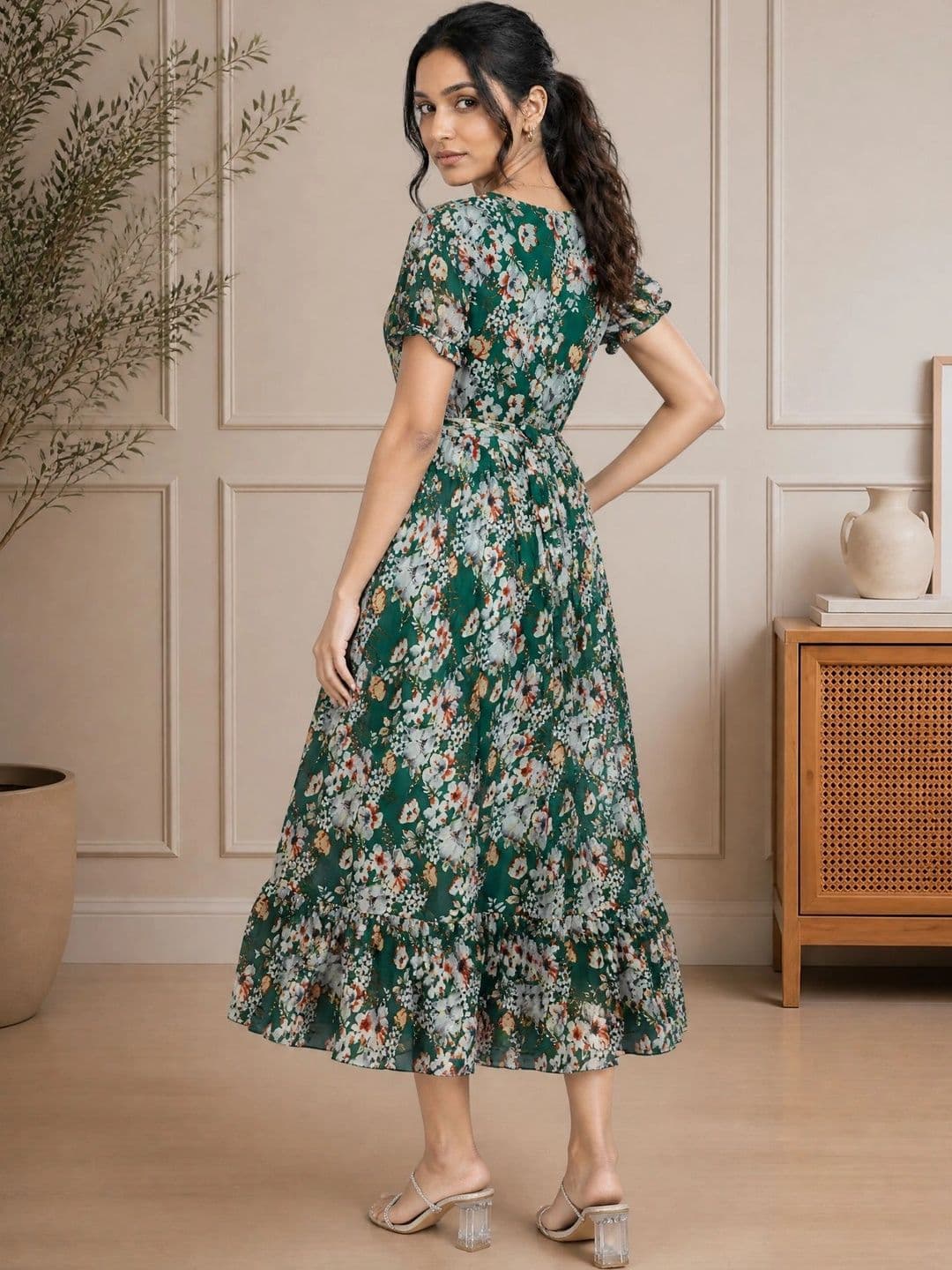 QENA Floral Print Puff Sleeve Georgette A-Line Maxi Dress thumbnail 2