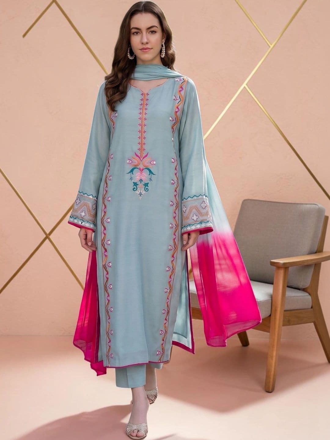 all about you Women Ethnic Motifs Embroidered Silk Crepe Kurta with Trousers & Dupatta - view 1