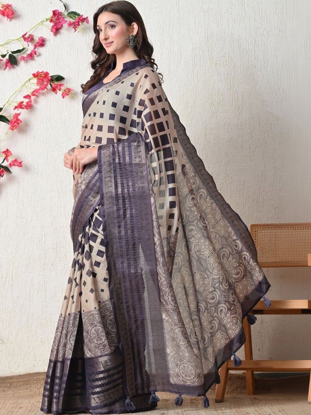 KALINI KALIN Women I Ethnic Motifs Zari Silk Cotton Block Print Saree thumbnail 6