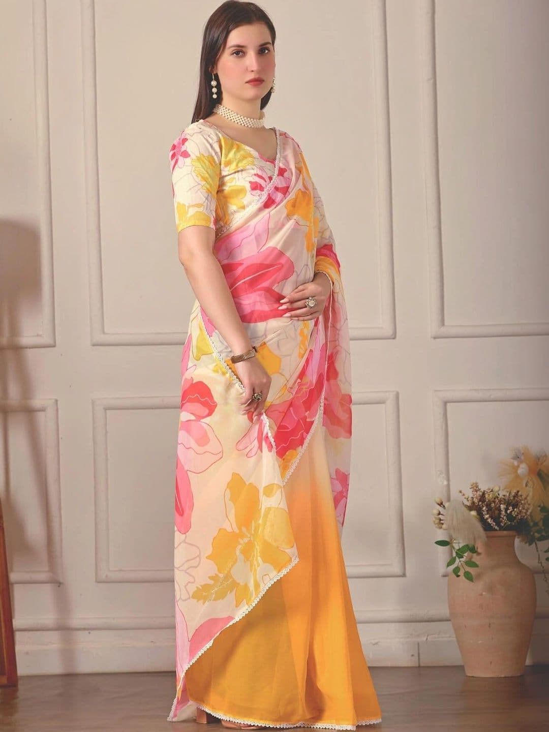 Pixie lane Floral Gotta Patti Pure Georgette Saree thumbnail 6