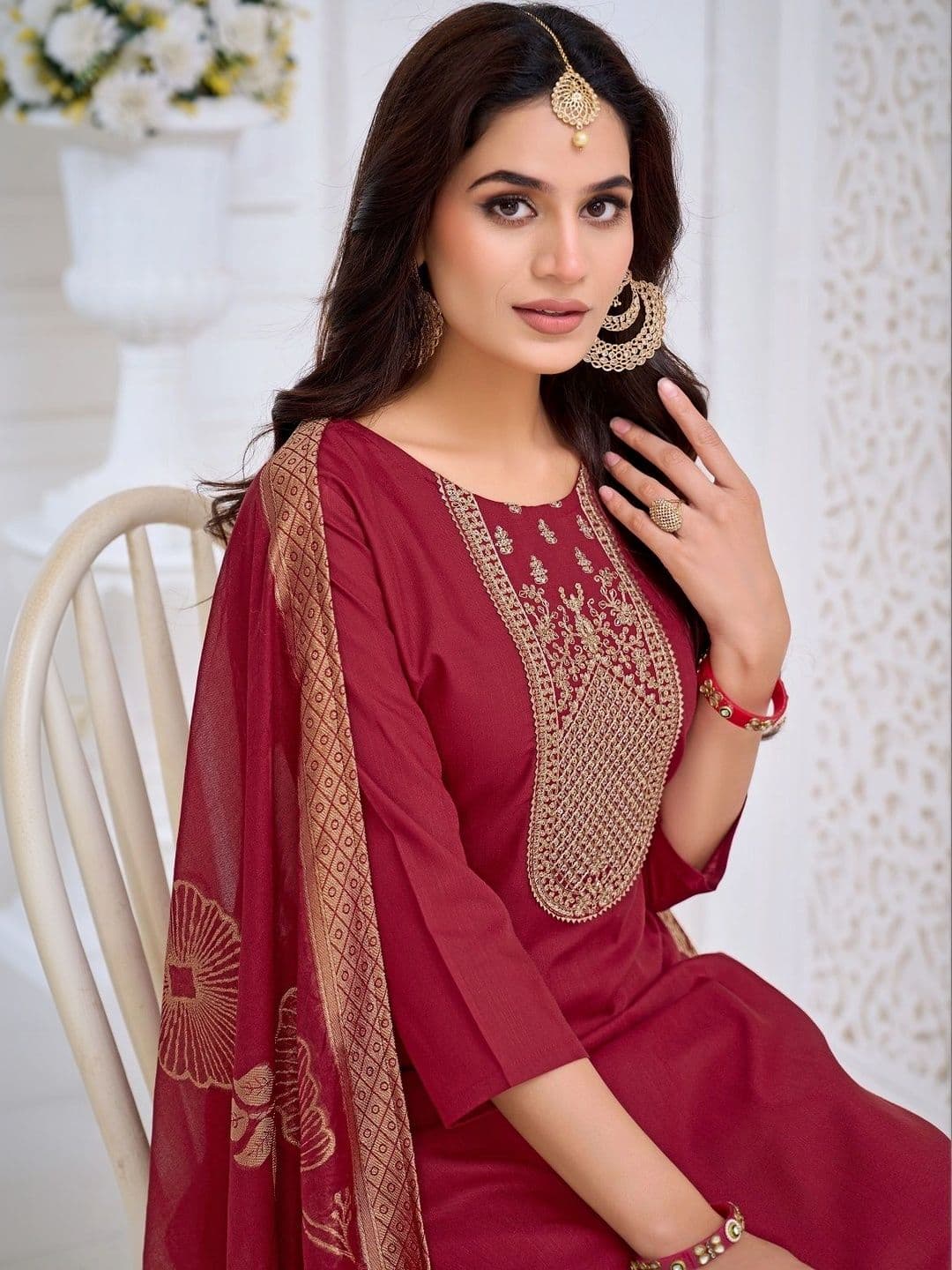 Sangria Women Ethnic Motifs Embroidered Regular Kurta with Trousers & With Dupatta thumbnail 4