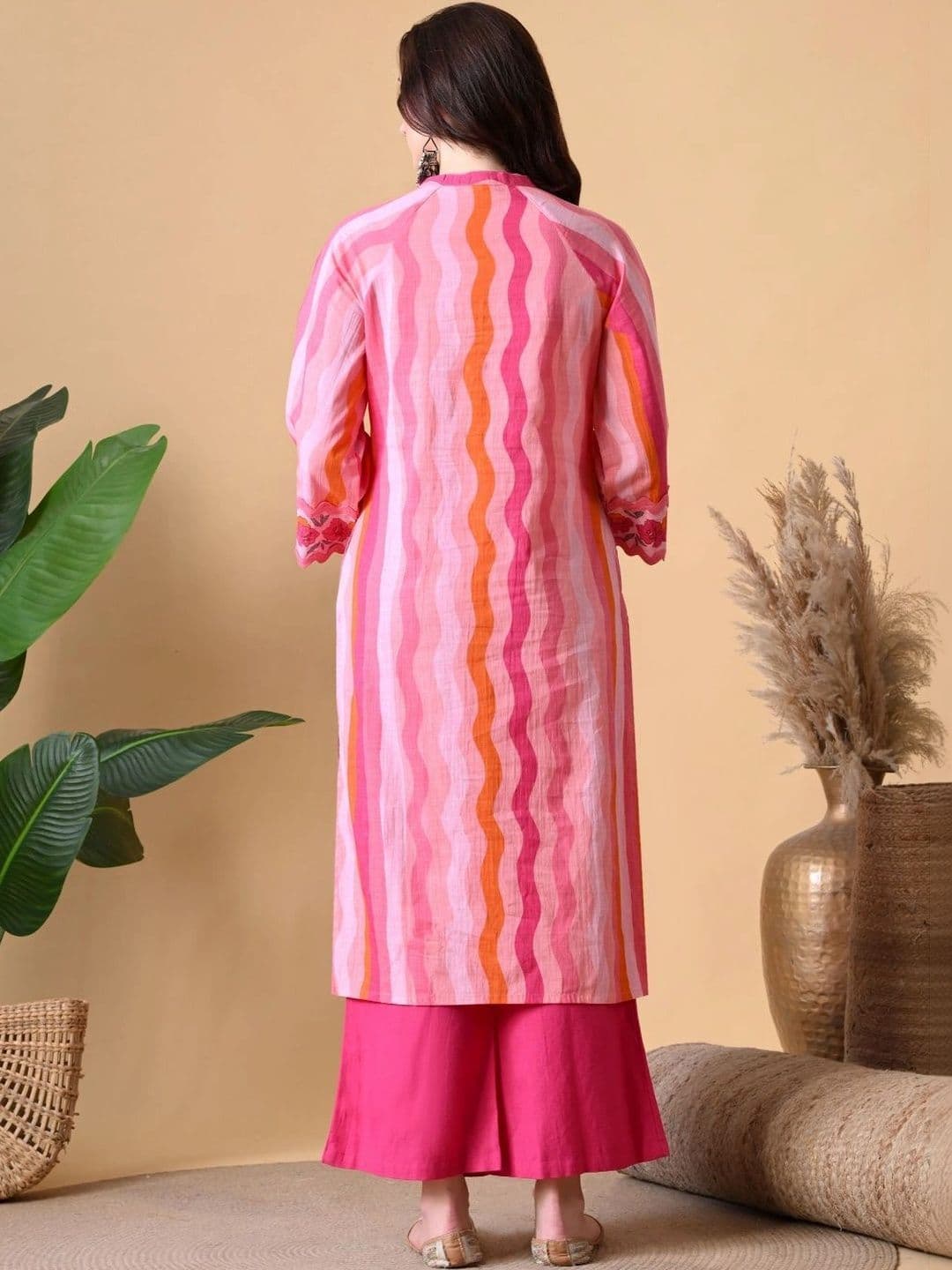 CRENOL THREADS Women Striped Mandarin Collar Cotton Straight Kurta thumbnail 5