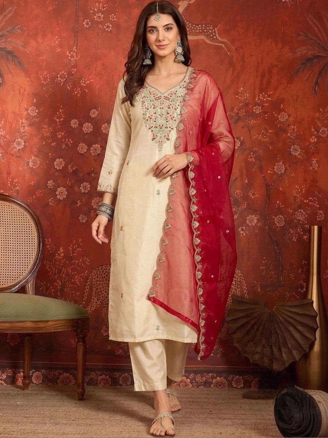 Sangria Women Ethnic Motifs Embroidered Regular Thread Work Kurta with Trousers & With Dupatta - view 1