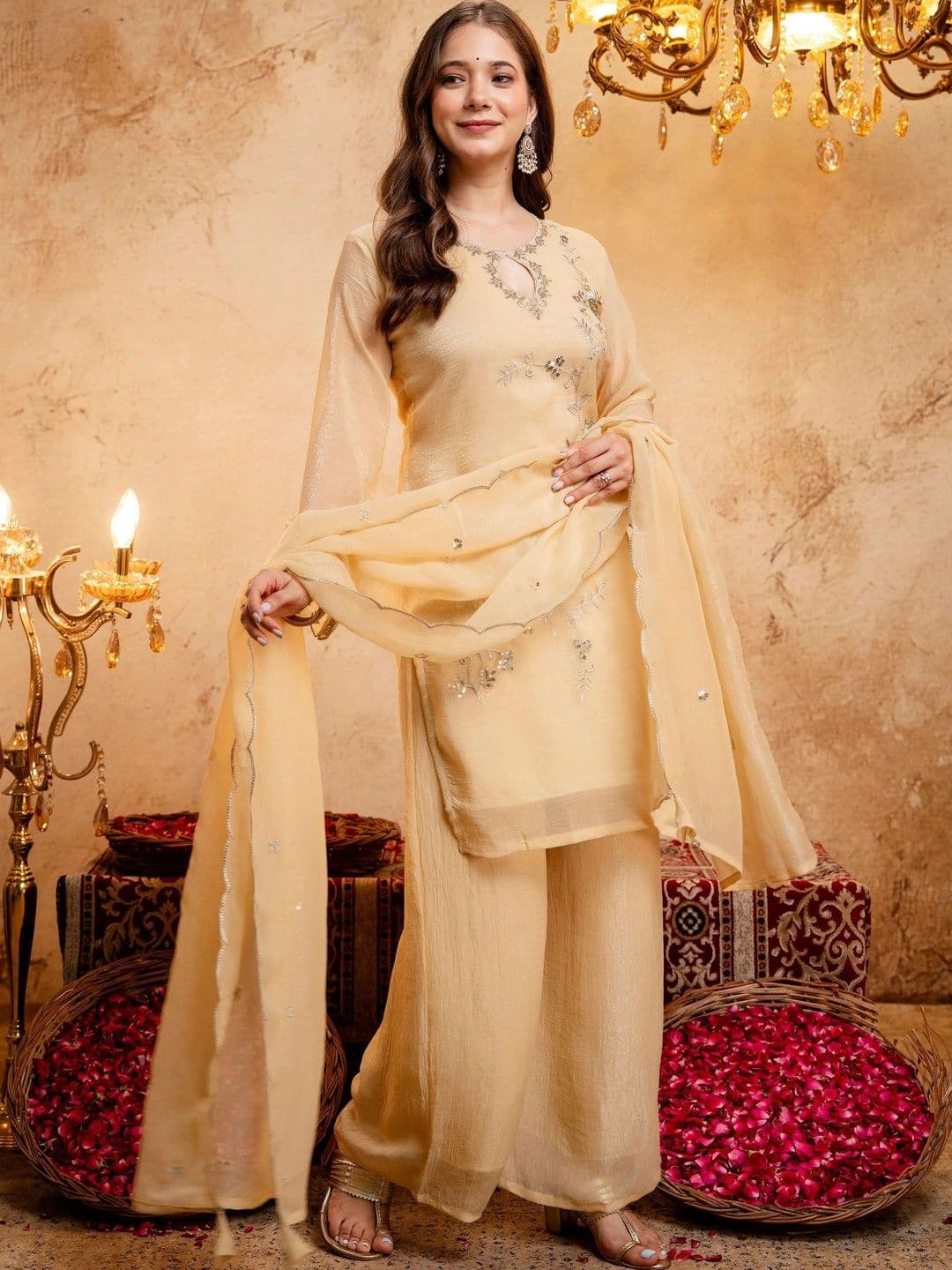 J.KANJI  Ethnic Motifs Embroidered Regular Sequinned Kurta with Palazzos & With Dupatta thumbnail 6