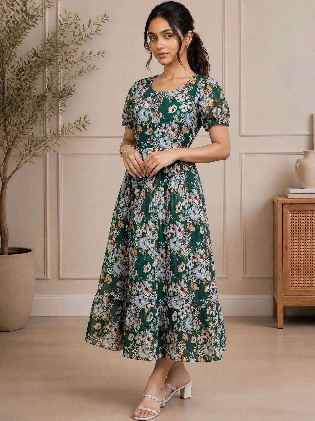 QENA Floral Print Puff Sleeve Georgette A-Line Maxi Dress thumbnail 4