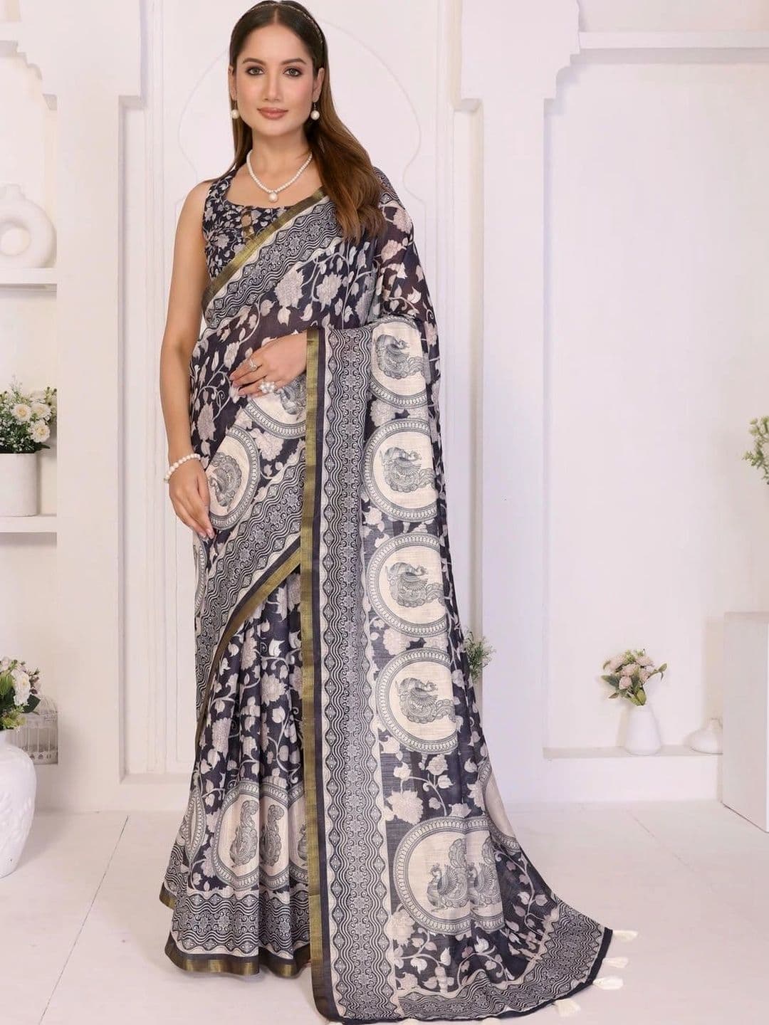 Pixie lane Kalamkari Zari Linen Blend Saree - view 1