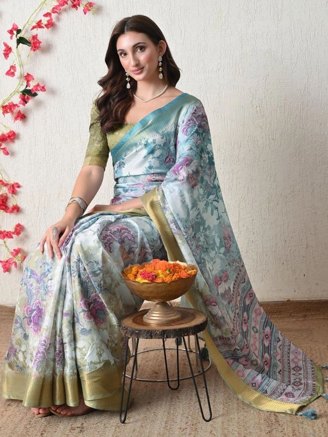 KALINI Women Floral Silk Cotton Saree thumbnail 2