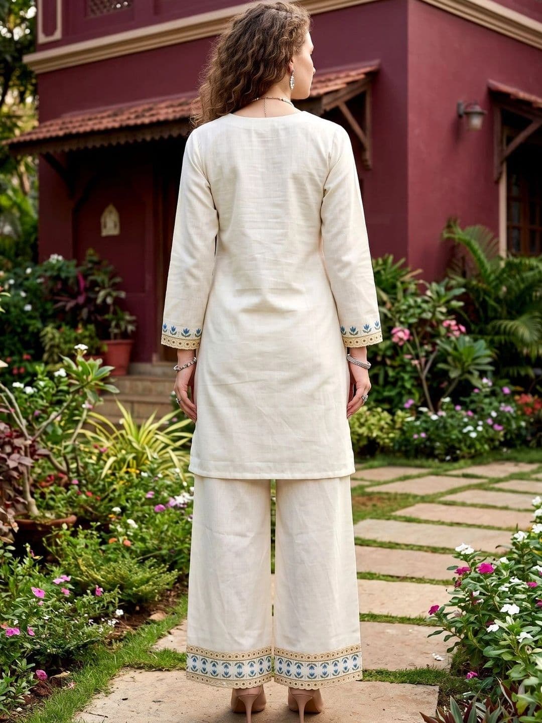 Laasika Off White Embroidered Tunic with Palazzos thumbnail 4