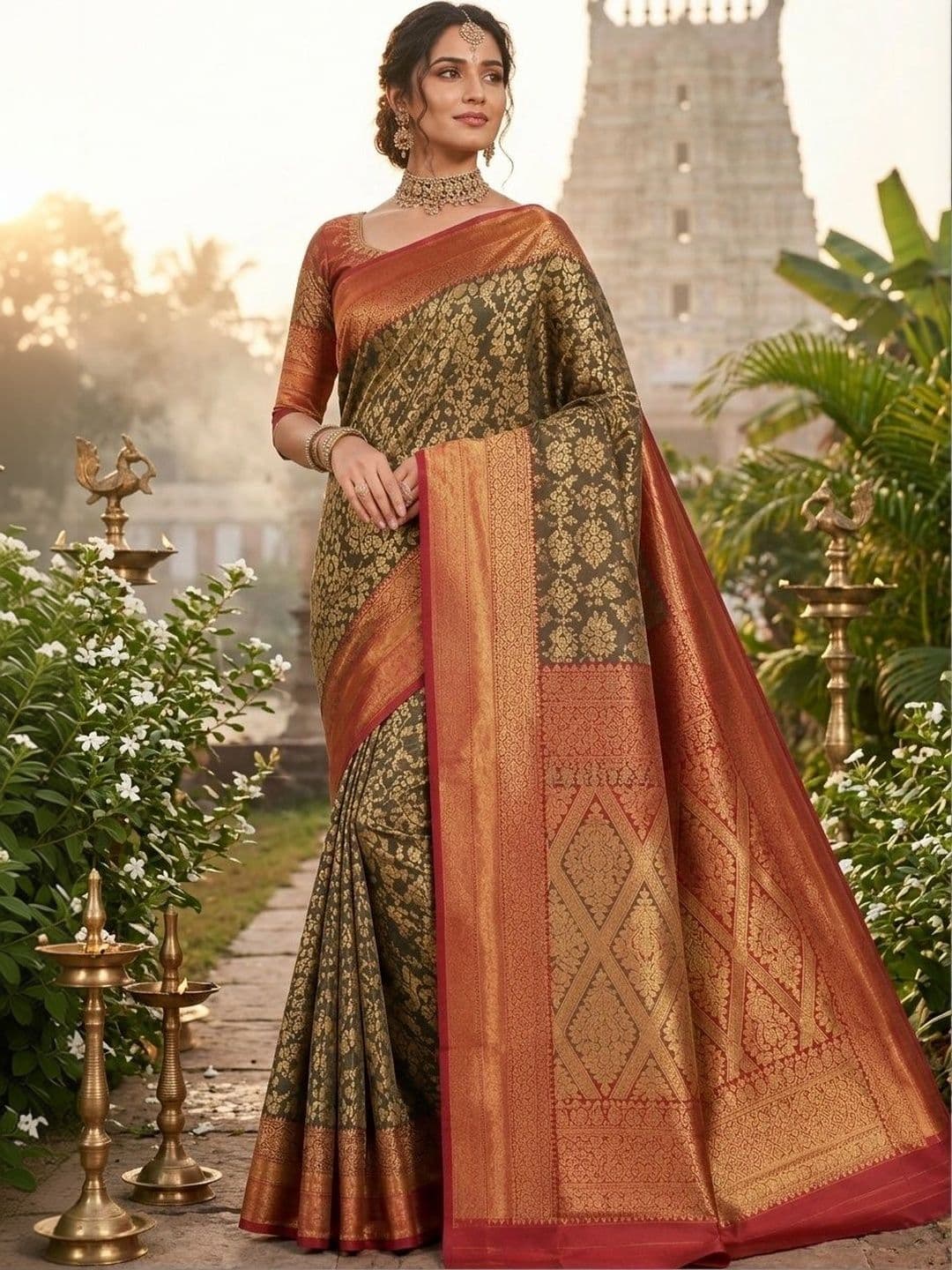 Owlsky Women Woven Design Zari Art Silk Kanjeevaram Saree thumbnail 4