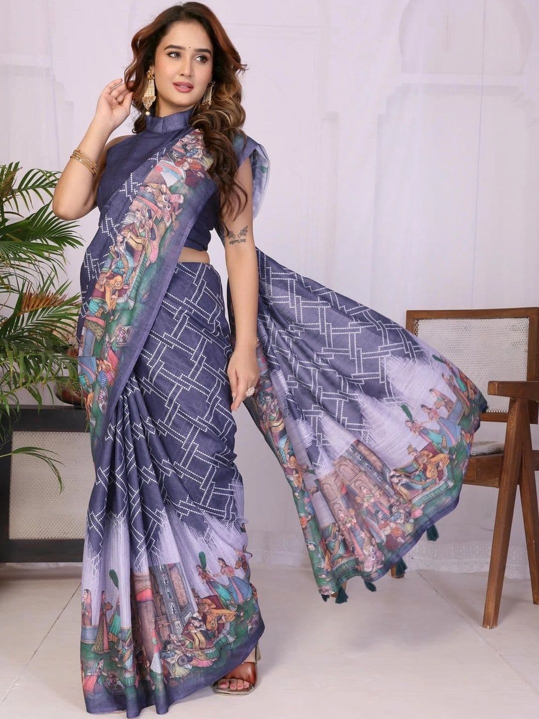 Pixie lane Zari Linen Blend Saree thumbnail 5