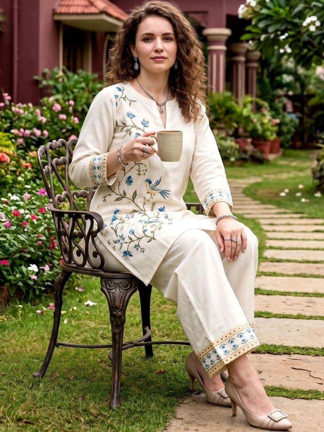 Laasika Off White Embroidered Tunic with Palazzos thumbnail 2