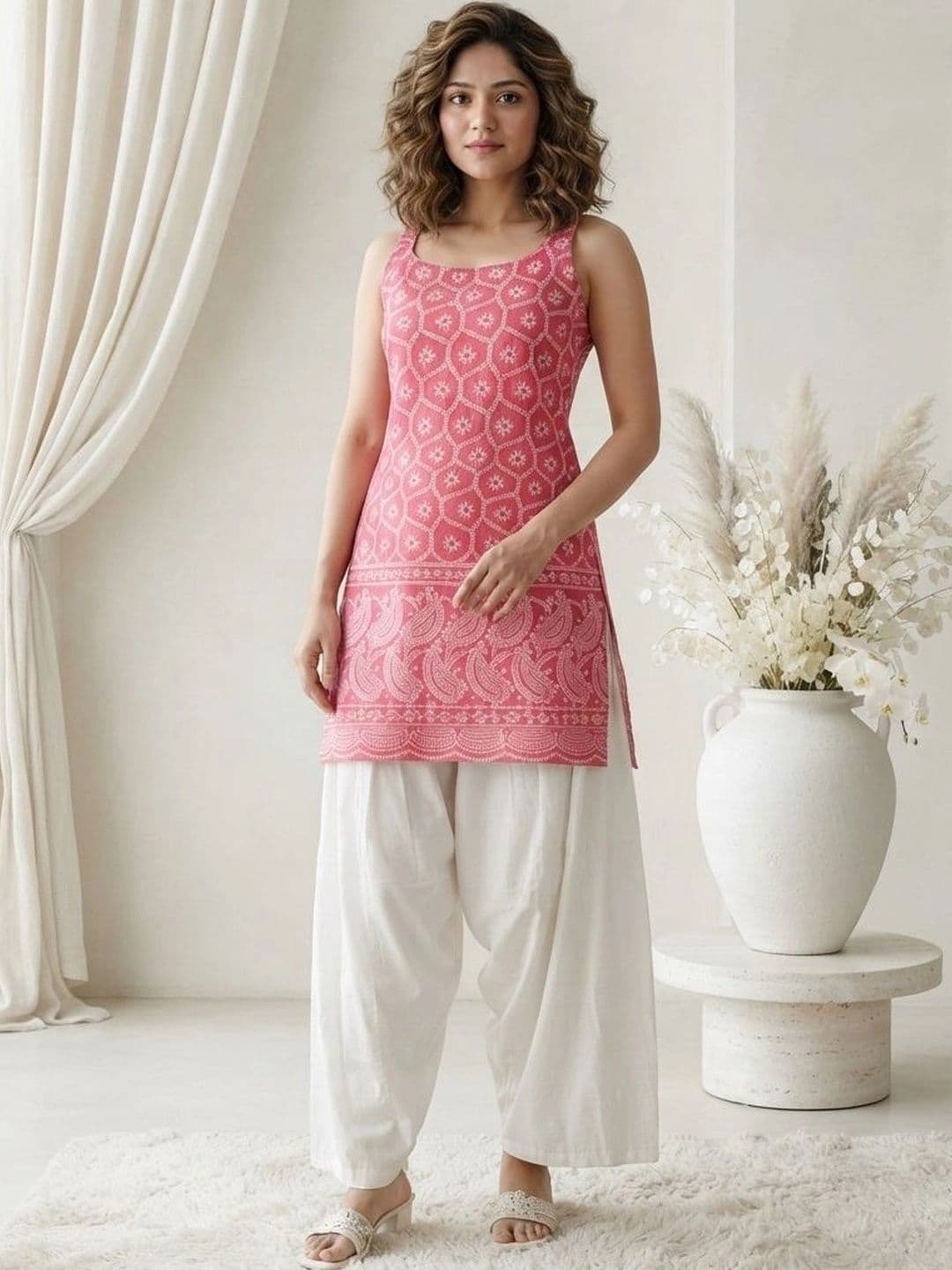 HERE&NOW Women Ethnic Motifs Embroidered Regular Thread Work Pure Cotton Kurti with Patiala - view 1