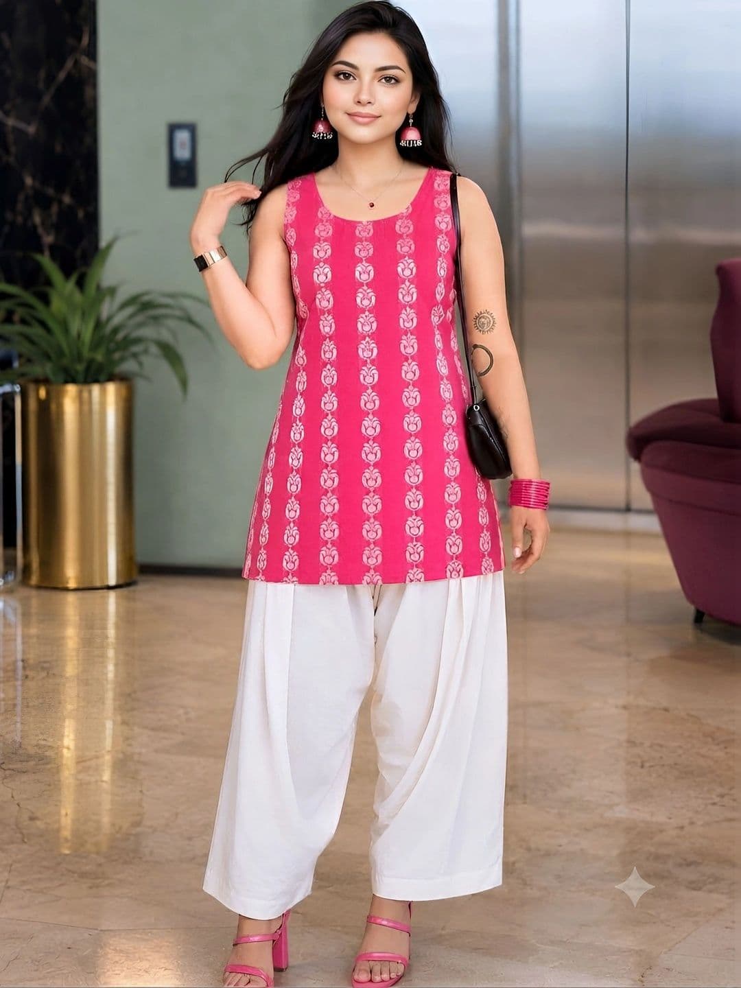 HERE&NOW Women Ethnic Motifs Printed Regular Pure Cotton Kurti with Dhoti Pants - view 1