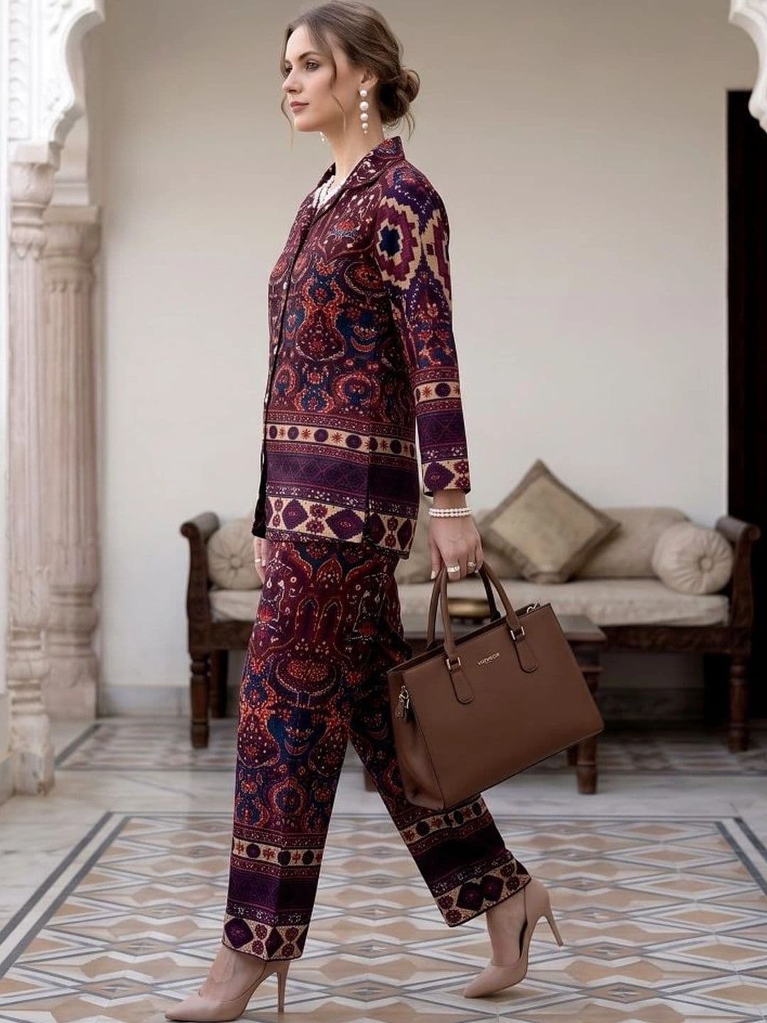 Laasika Maroon Printed Tunic Shirt with Palazzos thumbnail 2