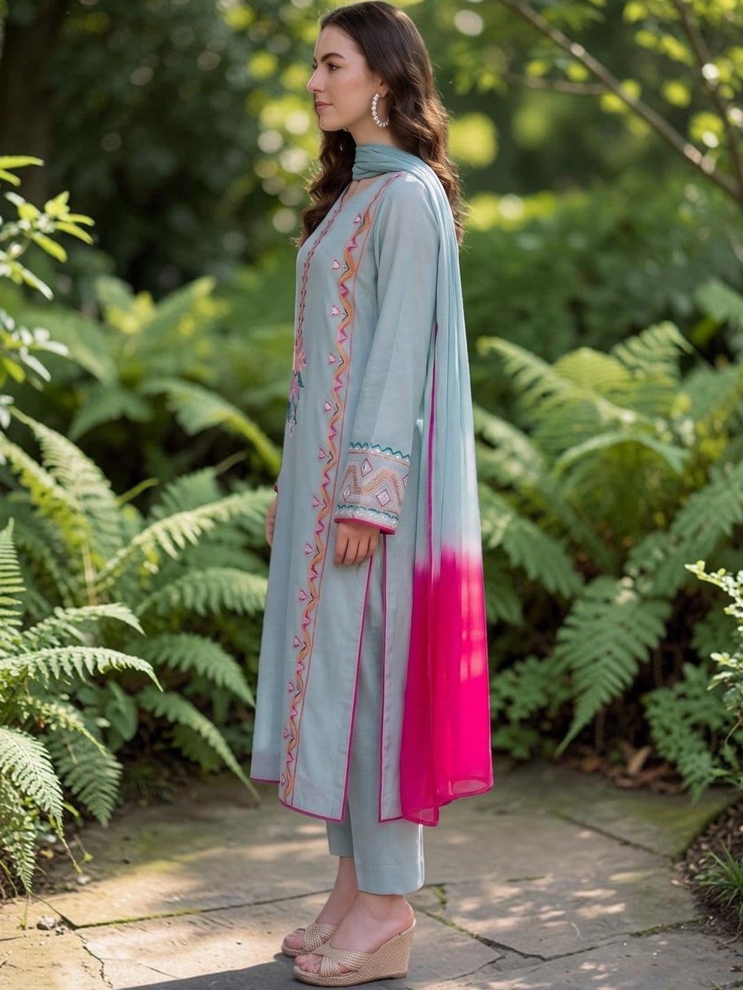 ASPORA Women Embroidered Thread Work Silk Crepe Kurta with Trousers & Dupatta thumbnail 6