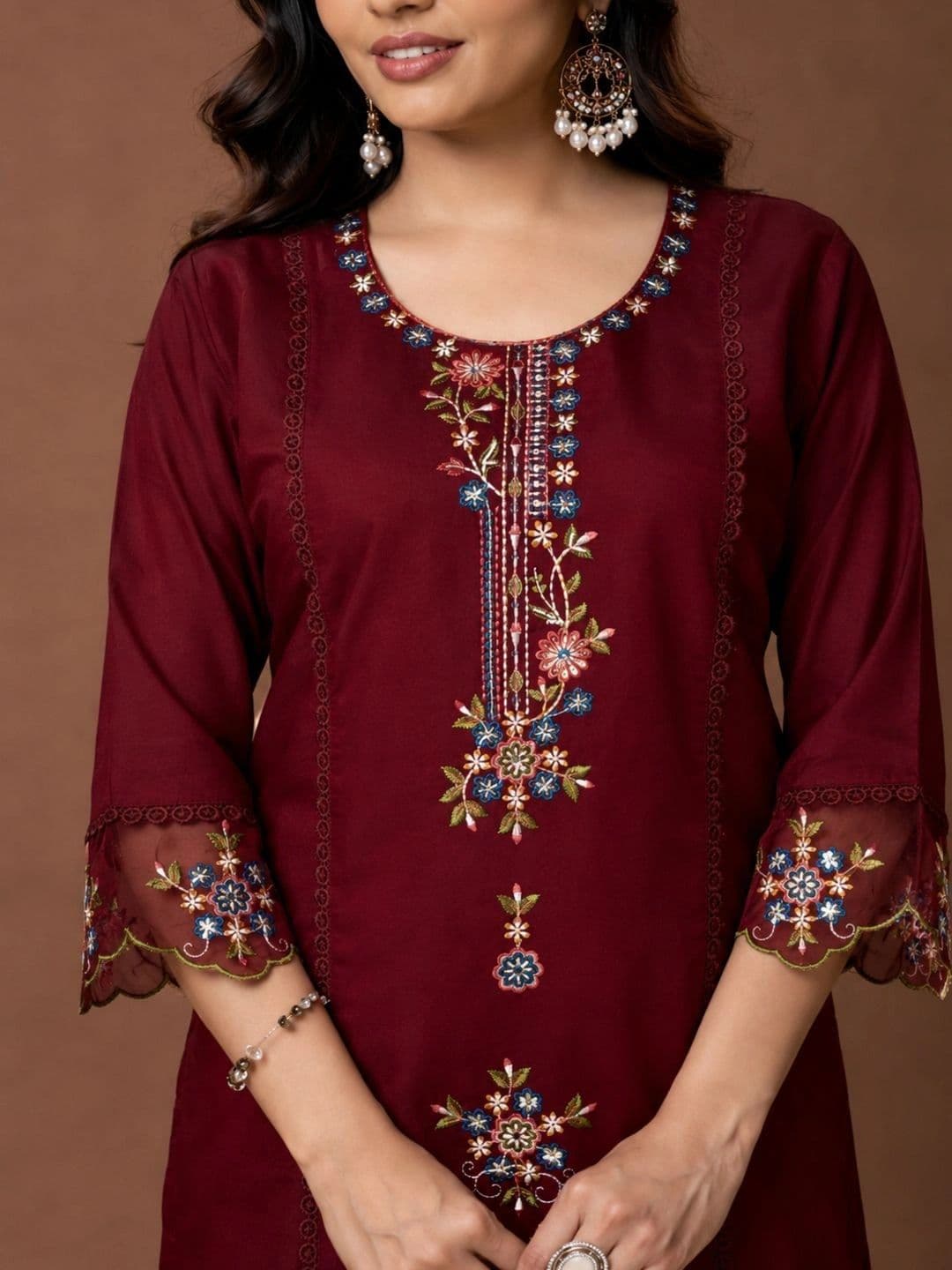PAUSE Women Ethnic Motifs Embroidered Pure Silk Straight Kurta with Trousers & Dupatta thumbnail 6