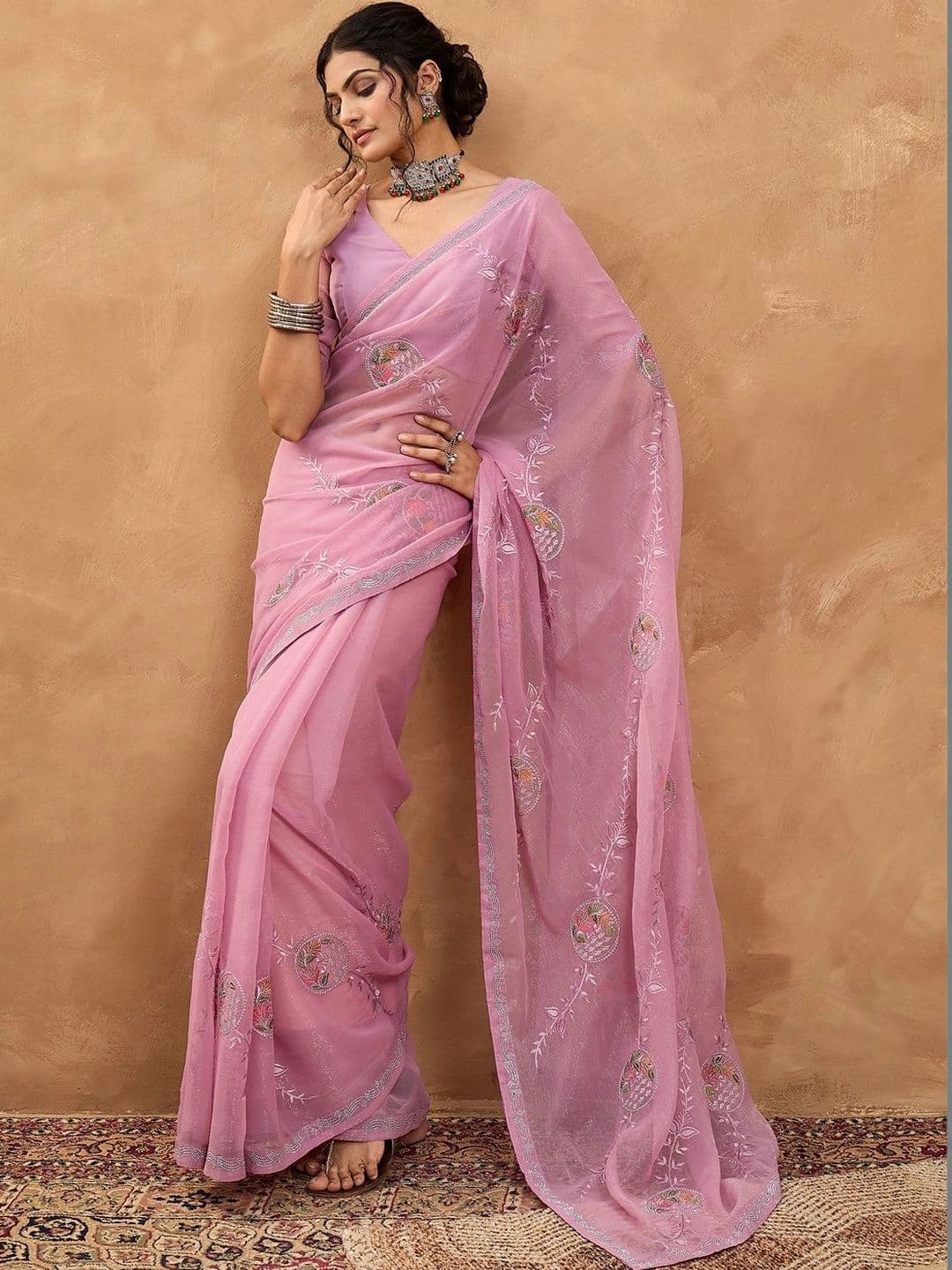 Sangria Floral Embroidered Poly Georgette Designer Saree thumbnail 3