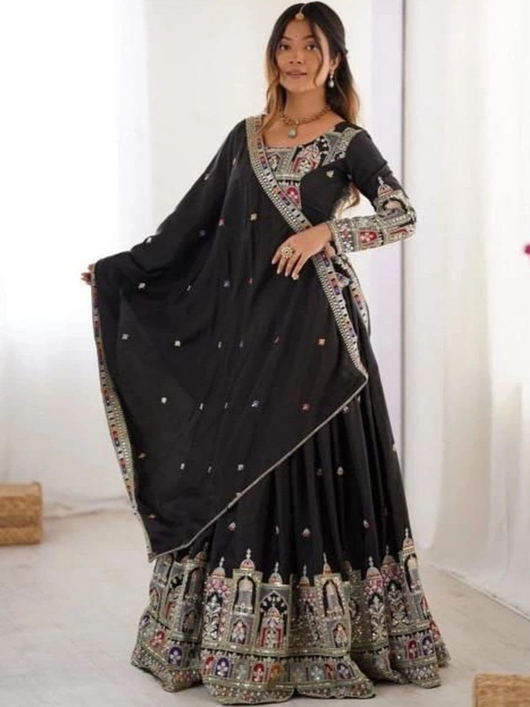 Vishu Saree Embroidered Mirror Work Ready to Wear Lehenga & Blouse With Dupatta - view 1
