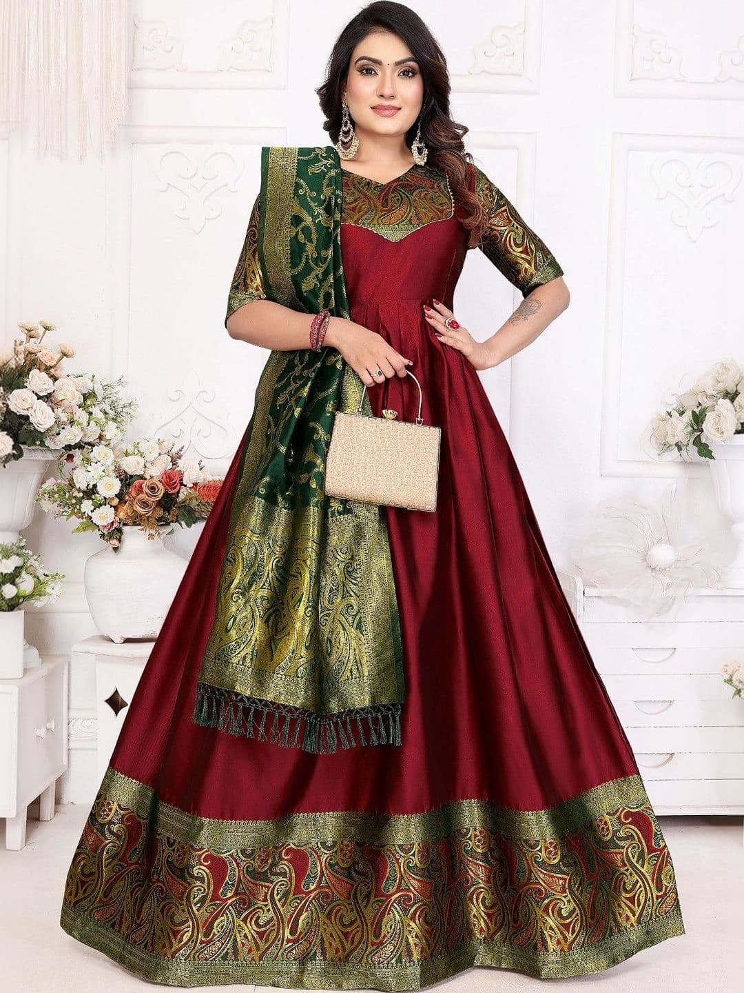 SmileyFashion Embroidered V-Neck Maxi Dress With Dupatta - view 1