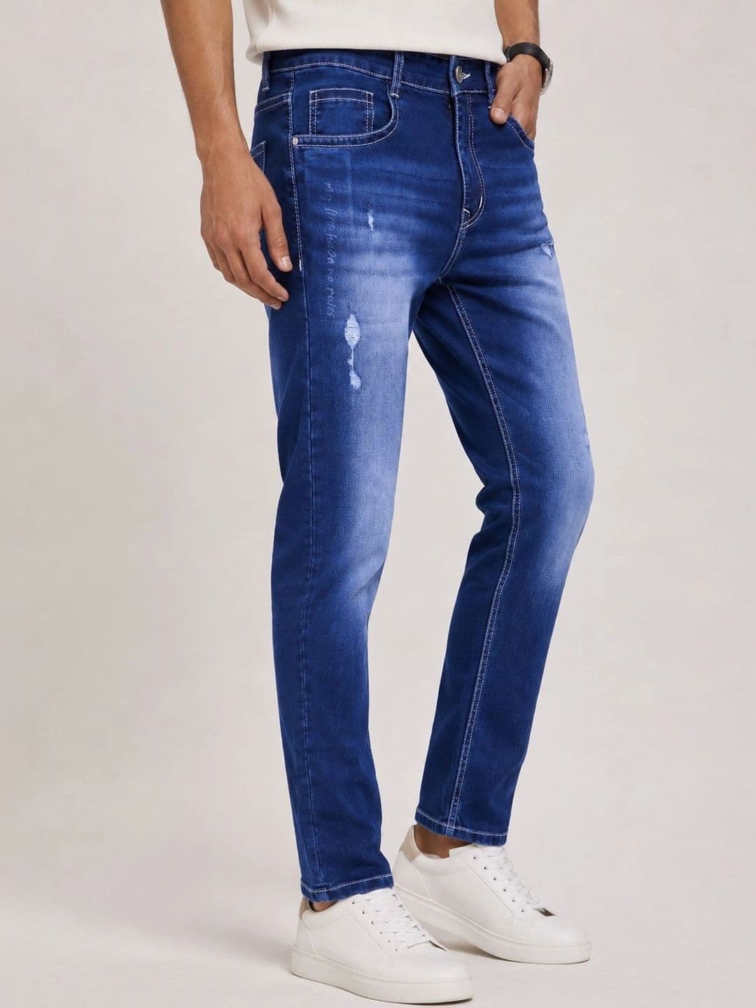 GEX Men Jean Regular Fit Mid-Rise Low Distress Coated Stretchable Jeans thumbnail 4