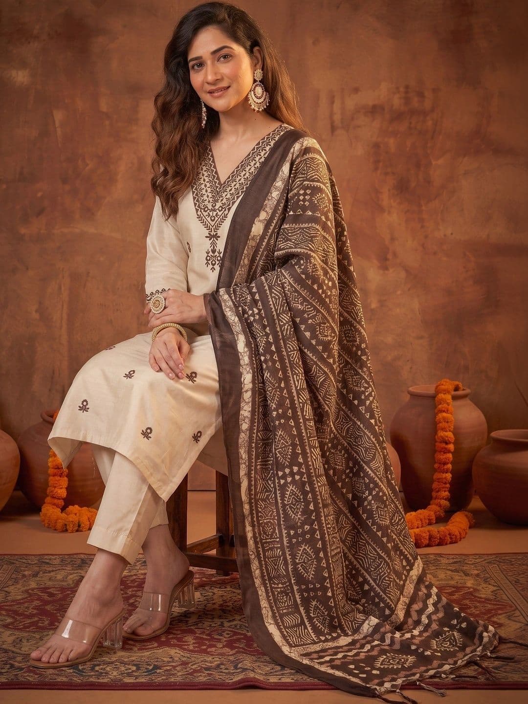 KALINI Women Ethnic Regular Thread Work Chanderi Silk Kurta with Trousers & With Dupatta - view 1
