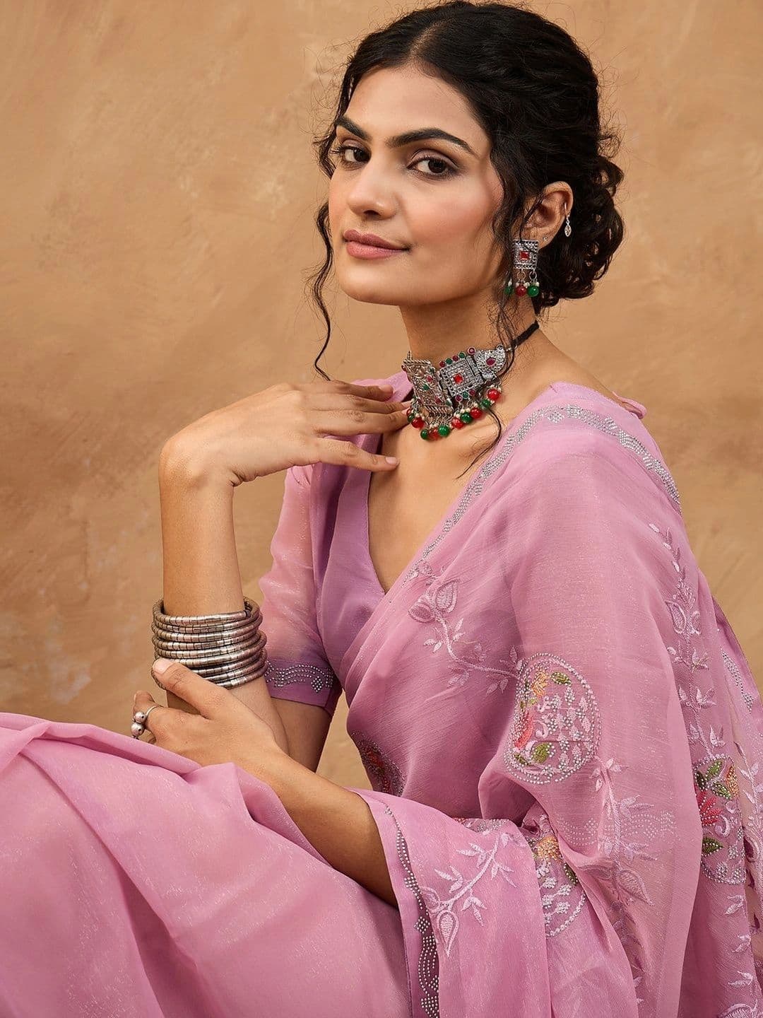 Sangria Floral Embroidered Poly Georgette Designer Saree thumbnail 6