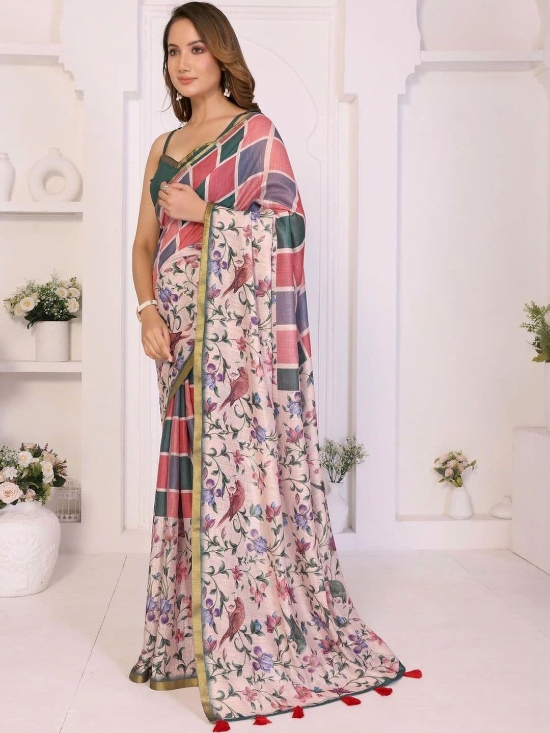 Pixie lane Floral Zari Linen Blend Saree thumbnail 5